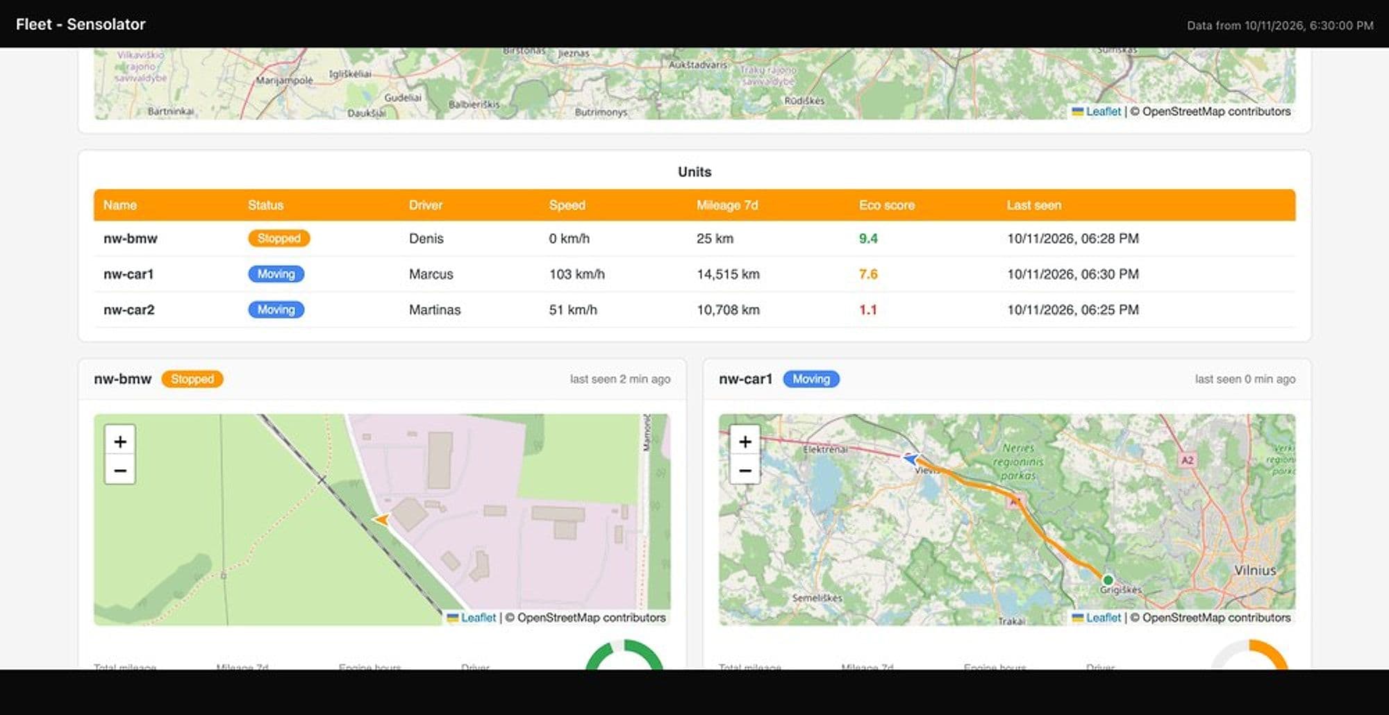The same page: the units table and a card per unit with a map