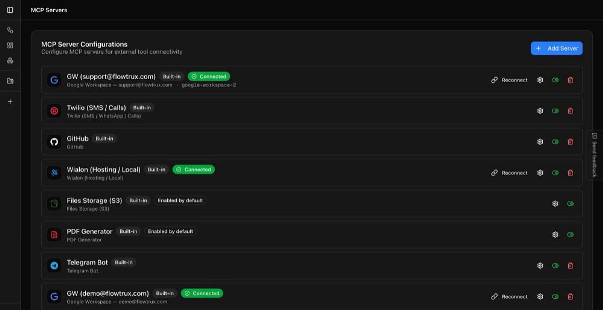 FlowTrux Settings: the Wialon integration assigned to a workspace